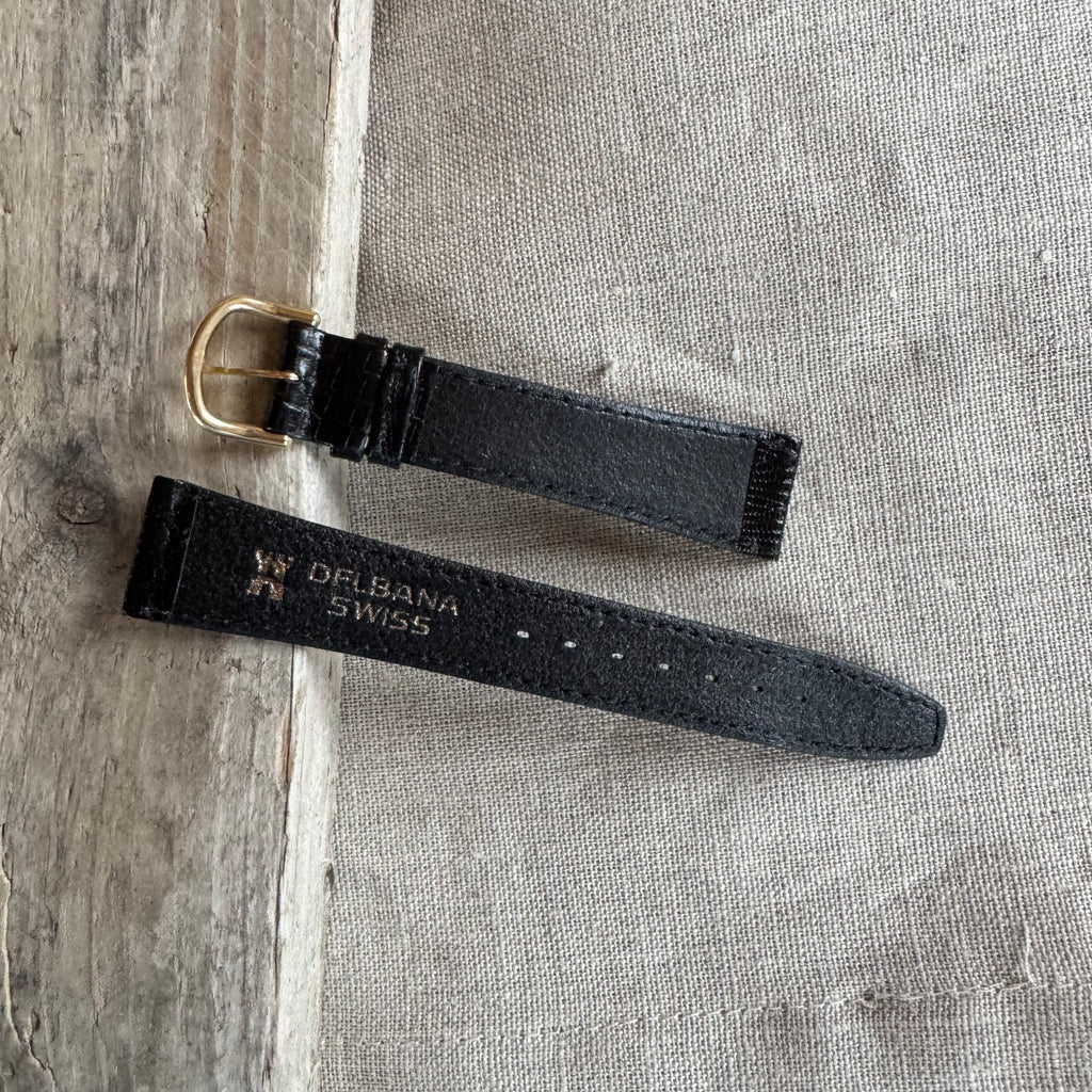 Vintage NOS Delbana 18mm Black Leather Watch Strap – Lizard-Style – Gold-Tone Buckle
