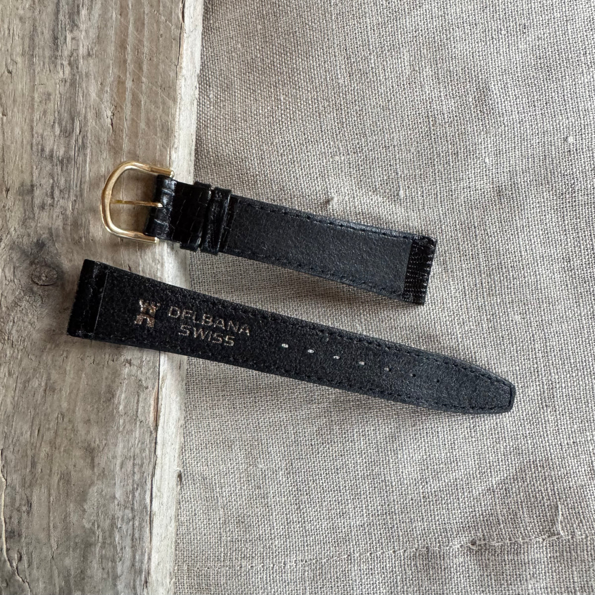 Vintage NOS Delbana 18mm Black Leather Watch Strap – Lizard-Style – Gold-Tone Buckle