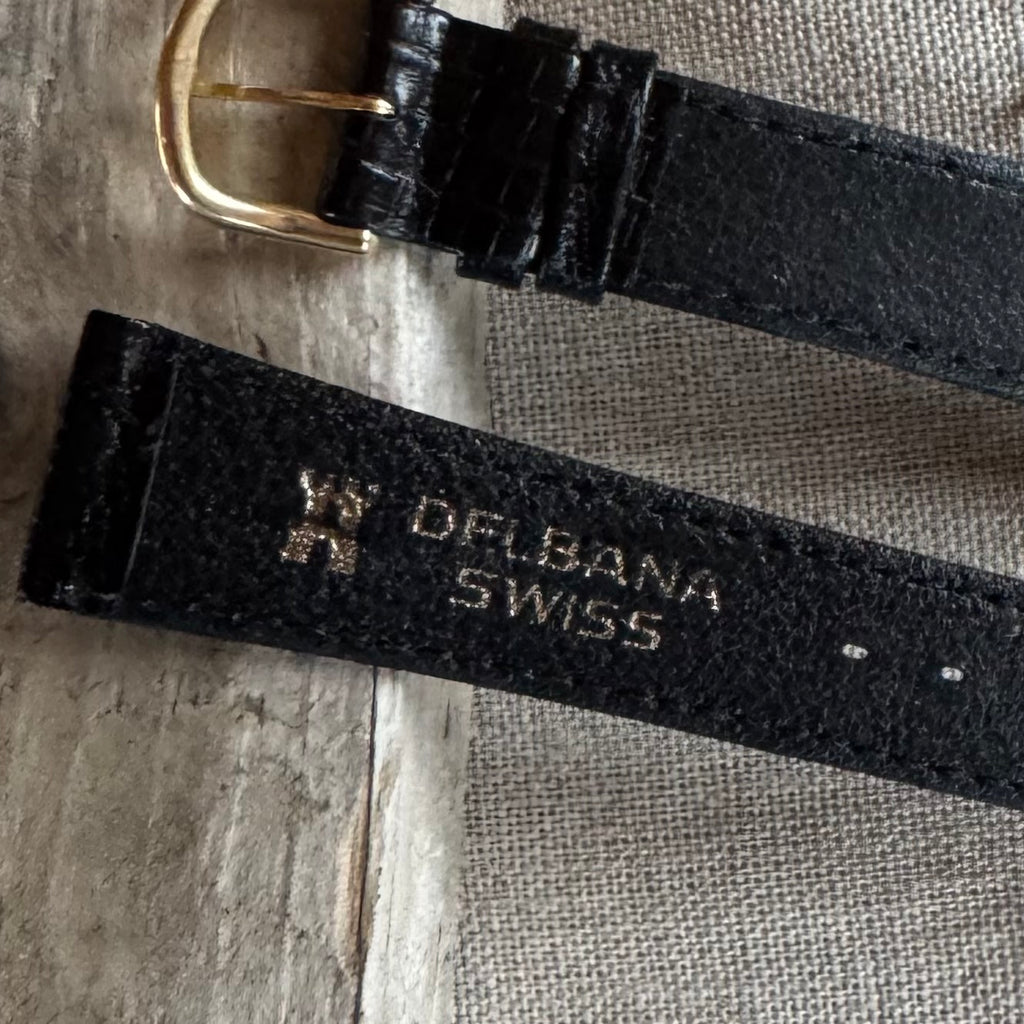 Vintage NOS Delbana 18mm Black Leather Watch Strap – Lizard-Style – Gold-Tone Buckle