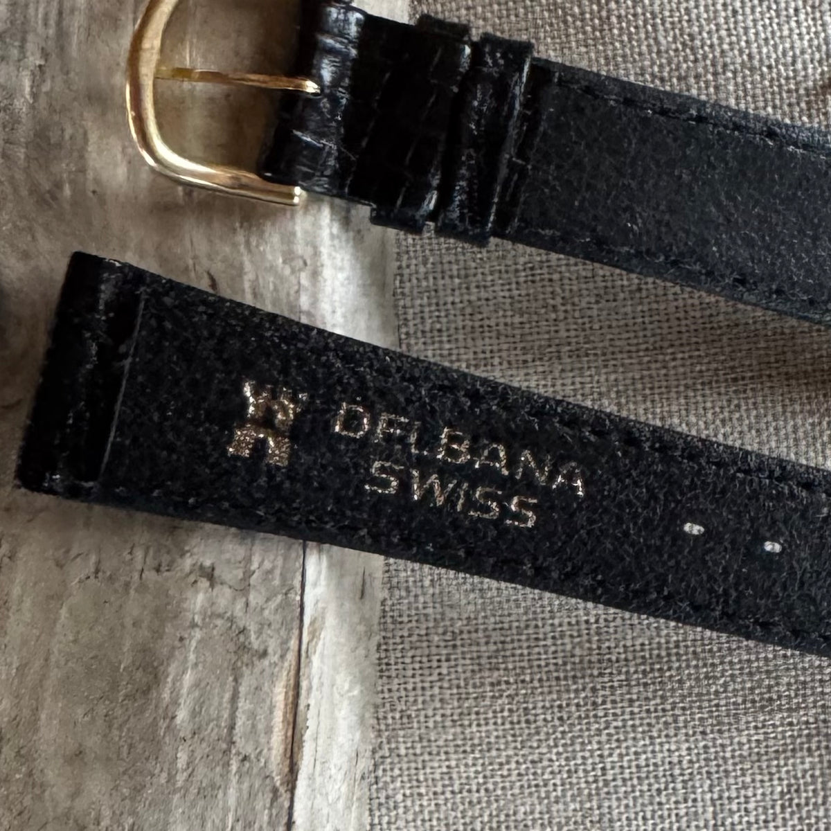 Vintage NOS Delbana 18mm Black Leather Watch Strap – Lizard-Style – Gold-Tone Buckle