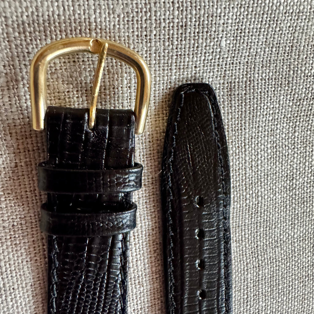Vintage NOS Delbana 18mm Black Leather Watch Strap – Lizard-Style – Gold-Tone Buckle