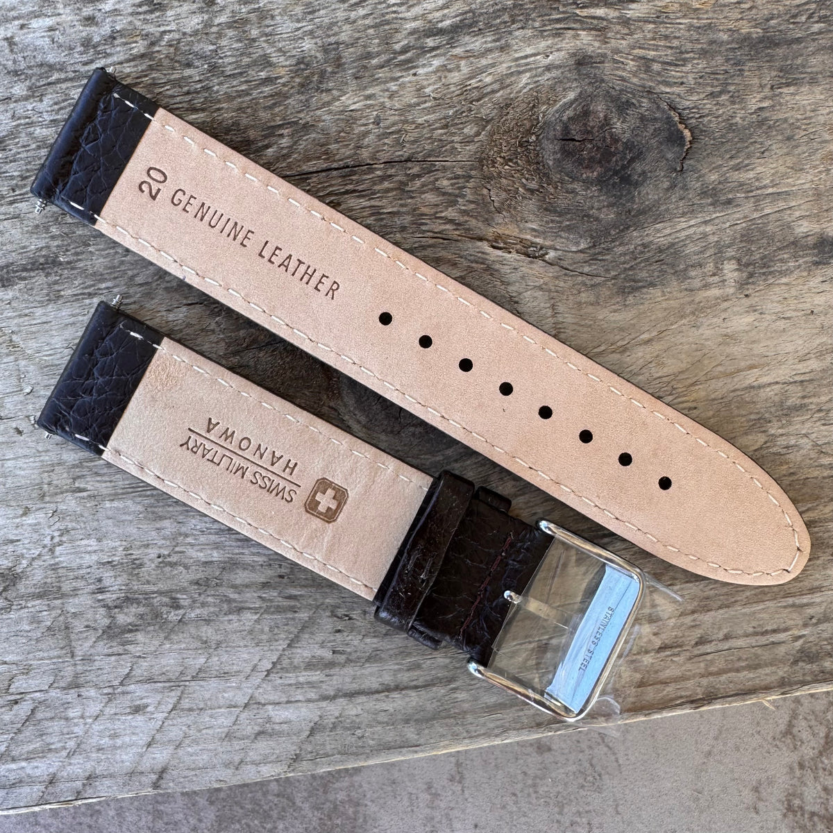 Vintage Swiss Military Leather Watch Strap 20mm – Dark Brown – NOS – Swiss Cross Buckle